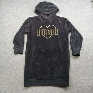 Puma Hoodie Dress Girls Large‎ 12-14 Black Velour Heart Logo Sweatshirt
